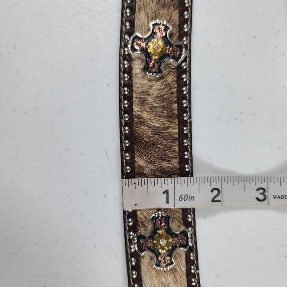Ranger Belt Company Brown Black Silver Tone Cross Conchos Hand Tooled Belt 44